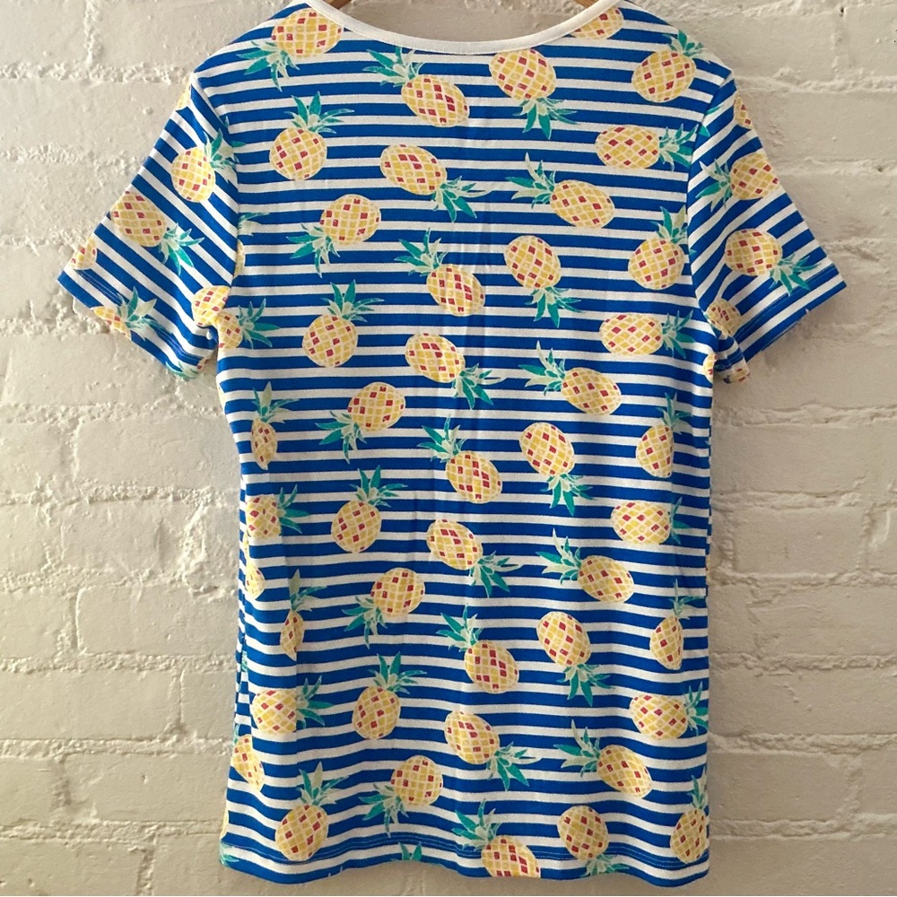NWT Womens Blue Striped Top 100% Cotton Yellow Pineapple Print Tropical Summer L - Picture 6 of 11